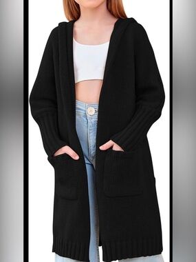 Girls Hooded Long Cardigan Kids Fashion Open Front Knit Sweater 13-14 Years BLK
